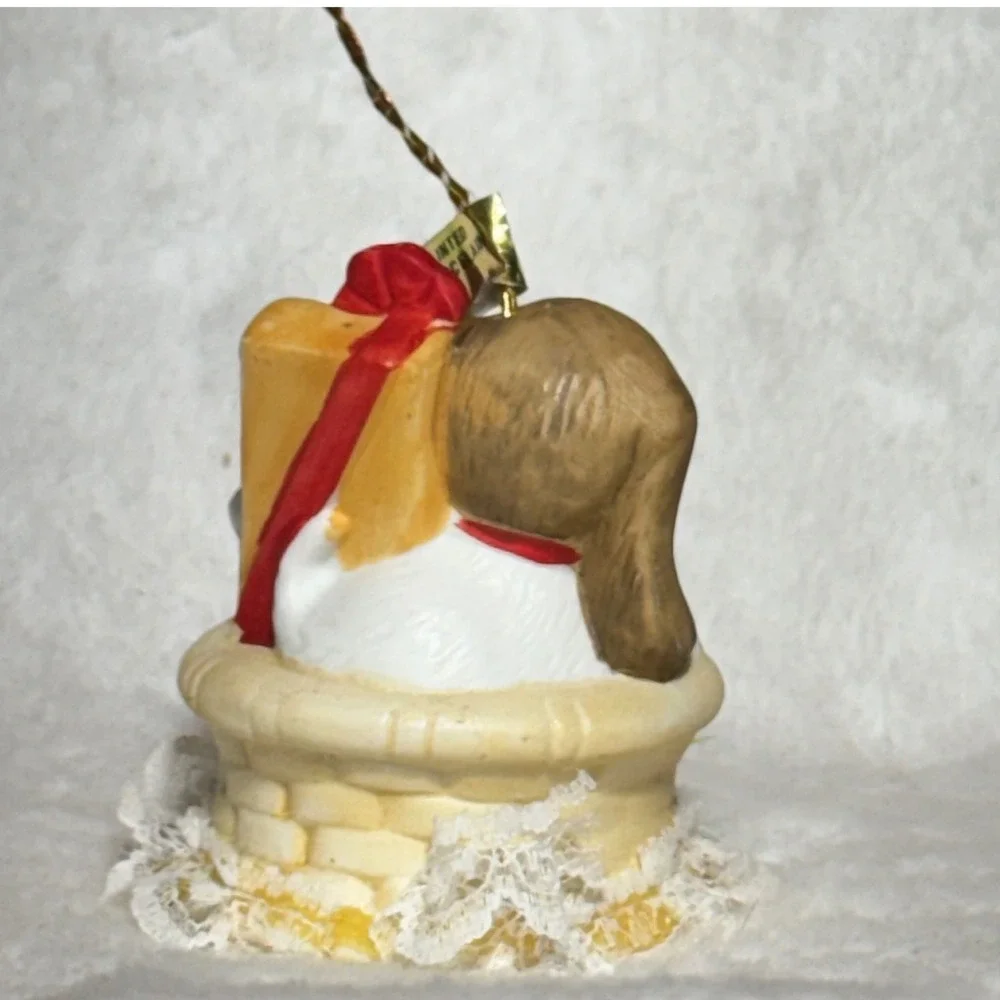Jasco Lil Bassinet Chimer Puppy Dog Ornament Bisque Porcelain Bell White Brown